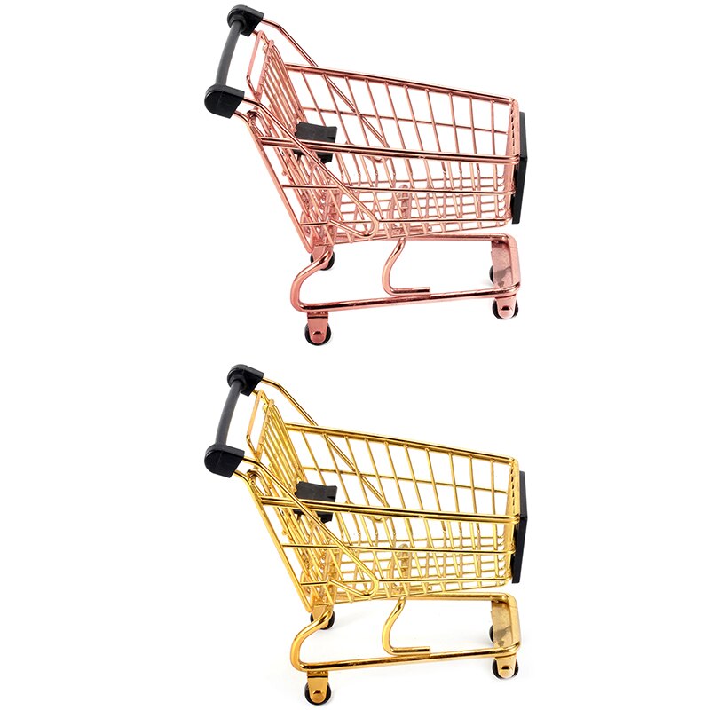 Mini Shopping Cart Storage Box Small Object Storage Basket Wrought Iron Metal Supermarket Trolley Storage Basket-Gold