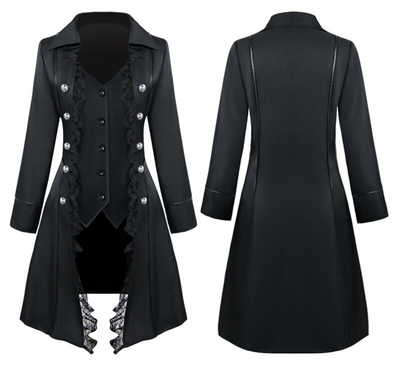 Aikuiset keskiaikaiset naiset vintage viktoriaaninen puku takki kaksirivinen pitsiä trench takki ohut steampunk liivi takki naisille: Musta / M
