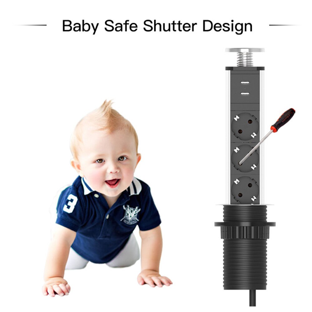 Desktop Socket Office Kitchen Charging Station Retractable Fire Retardant Baby Proof 2 USB Port Living Room 3 Plugs