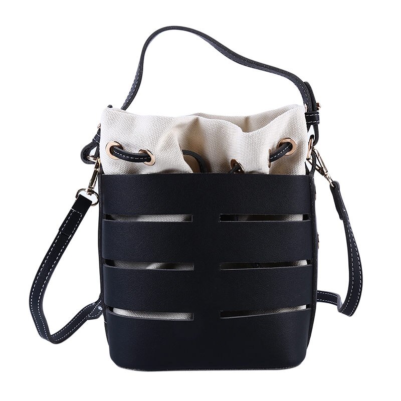 Creatieve Klinknagel Messenger Bag Trekkoord Pu Leer Vrouwen Messenger Bag Mode Crossbody Tas Voor Vrouwelijke: black