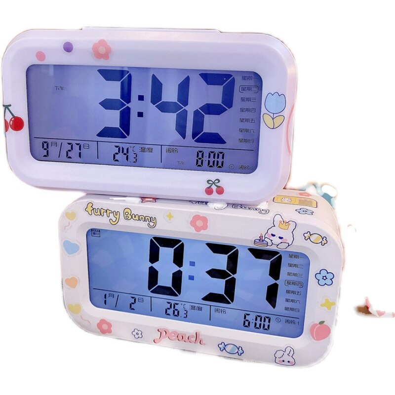 Kids Cute Cartoon Led Alarm Clock 3 Colors Changing Night Light Led Digital Alarm Clocks Student Desk Clock with Thermometer