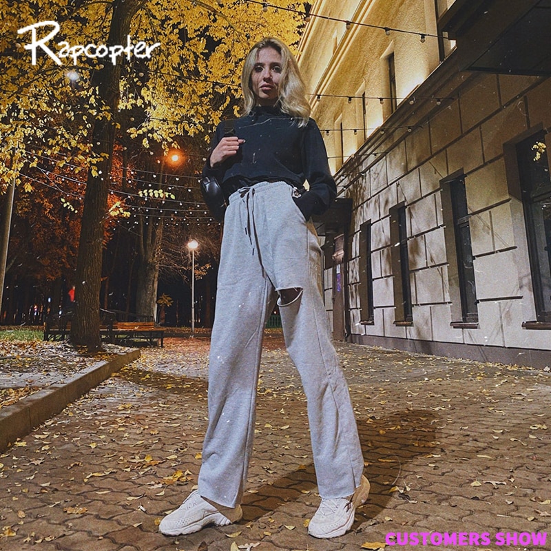 Rapcopter baggy bukser med brede ben kvinder afslappet streetwear løse outfits hul højtaljet hip hop sommer joggerlommer joggingbukser