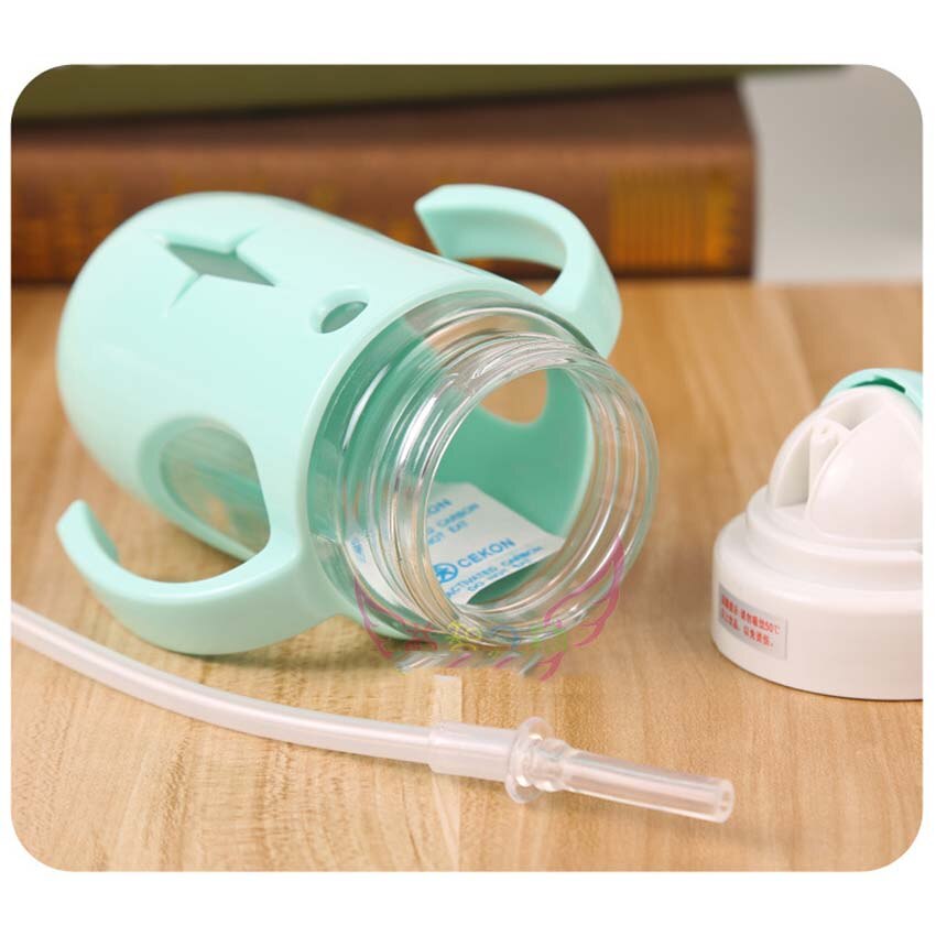 Babybarn glassflaske med sugerør barn drikkeflaske mateglass kopp lekkasjesikker flaske med silikonetui 260ml