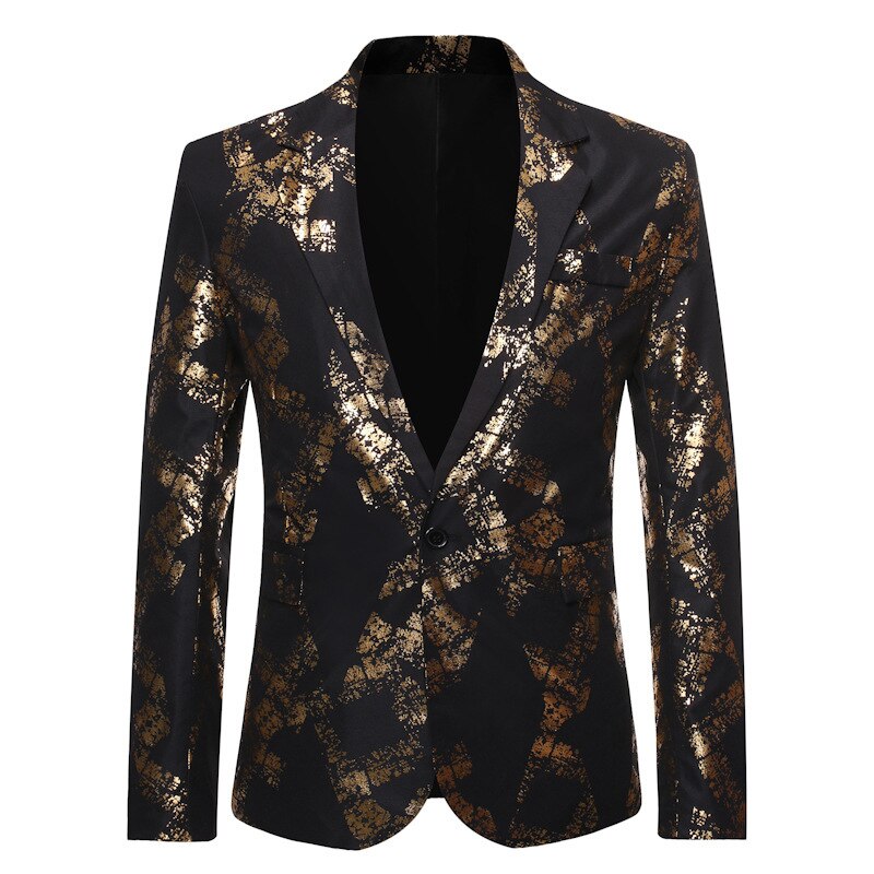 Shenrun hommes Blazers noir bleu marine or imprimé veste mariage costume casual Blazer chanteur hôte DJ scène vestes musicien Costumes: Black / S