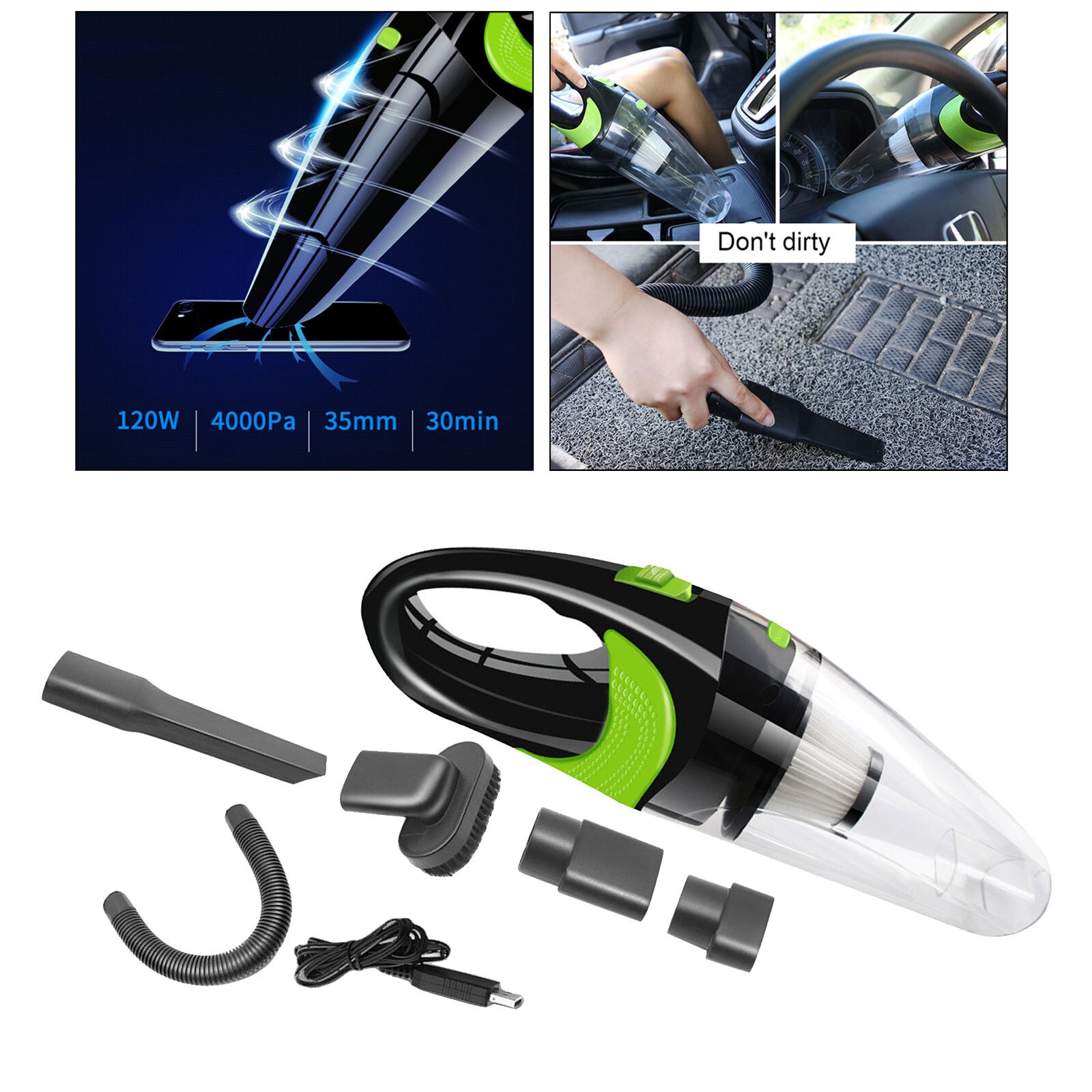 Handheld Car Vacuum Cleaner Wet/Dry Use for Car Auto Home Cleaning Kit: clear green