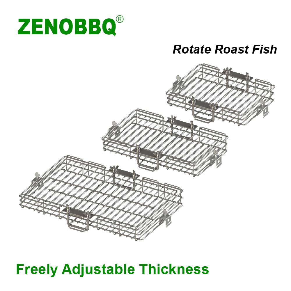 ZENOBBQ Drehen Braten Fisch Edelstahl BBQ Rotisserie Geschirr Spieße Garnelen Fleisch Regal Backen Frei Einstellbar Dicke