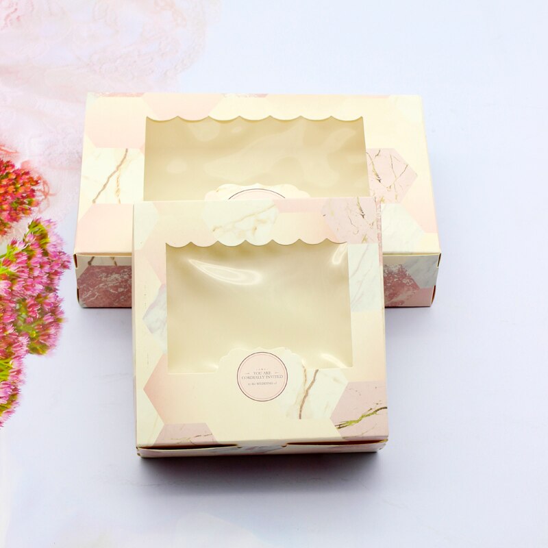 20Stck Papier Kasten Mit Fenster Rosa Marmor Hochzeit Party essen Verpackung Süssigkeit Hochzeit Karton Kuchen Boxen valentinstag Schild