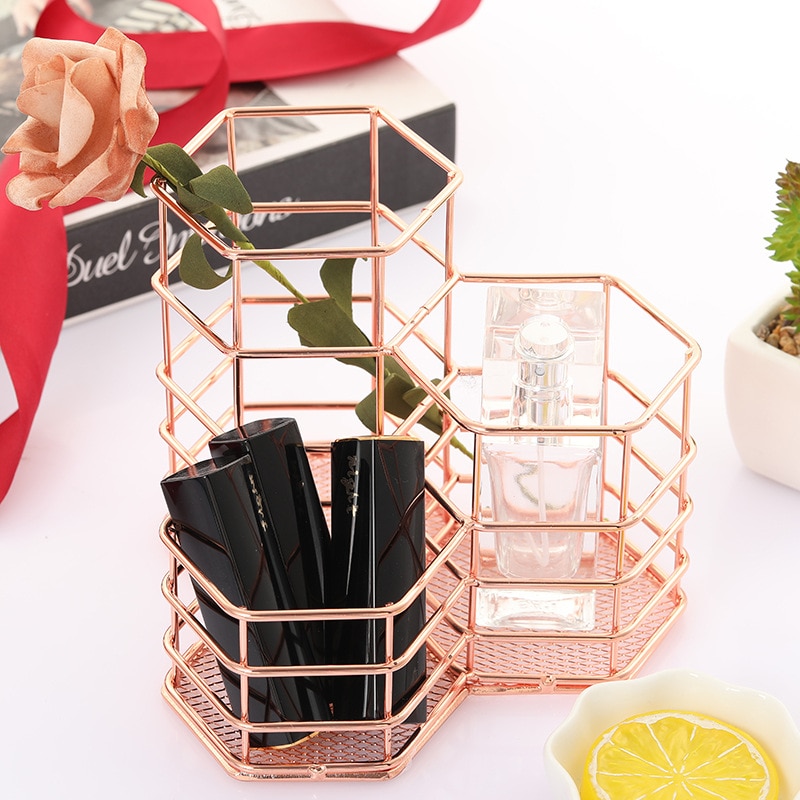Iron Hexagon Rose Gold Make Organizer Ingenieuze Cosmetische Opslag Lippenstift Nagellak Parfum Houder Thuis Desktop Organizer