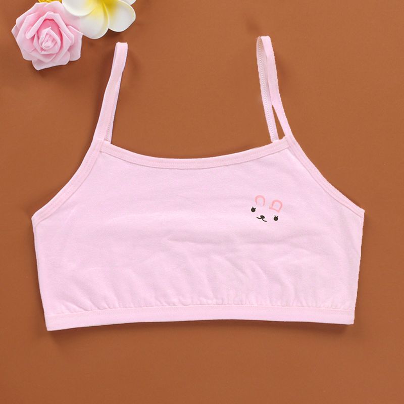 Tiener Puberteit Meisjes Effen Kleur Dubbele Laag Ondergoed Beha Spaghetti Band Leuke Cartoon Konijn Bralette Zomer Basic Crop Top