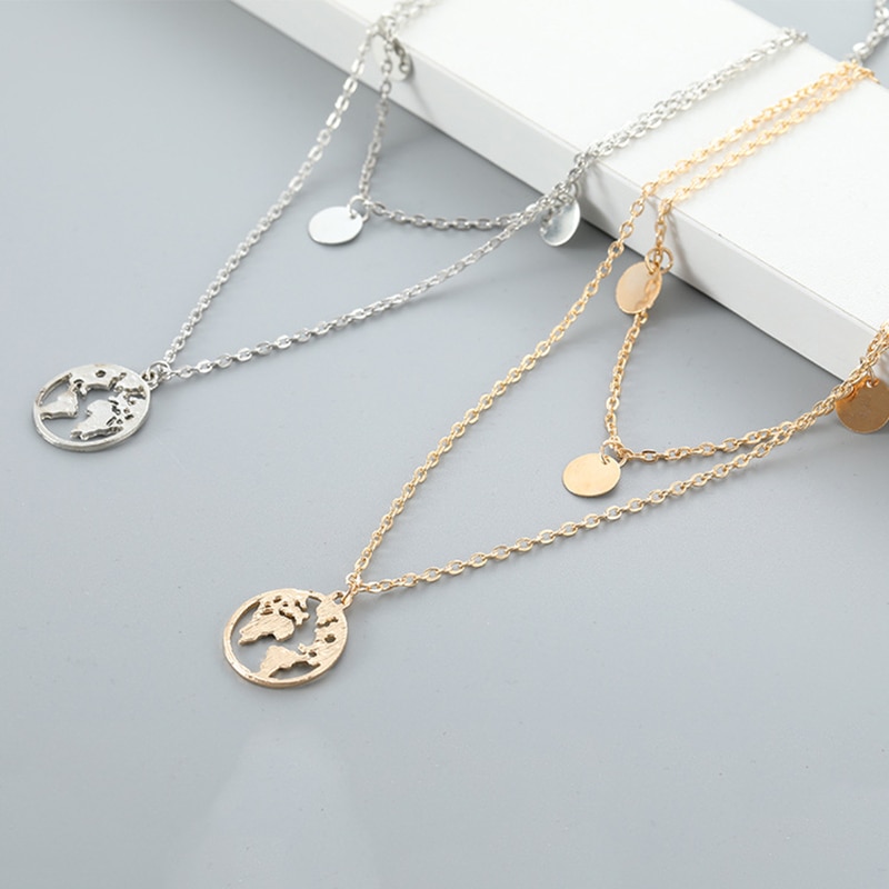 Personality World Map Pendant Necklace Women's Gold Multi-layer Chain Pendant Accessories Lady Jewelry