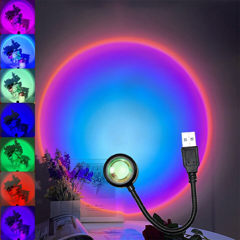 USB Solnedgang Projektor Lampe - 14 Tilstande Regnbue - Atmosfære Lys til Værelse Baggrund