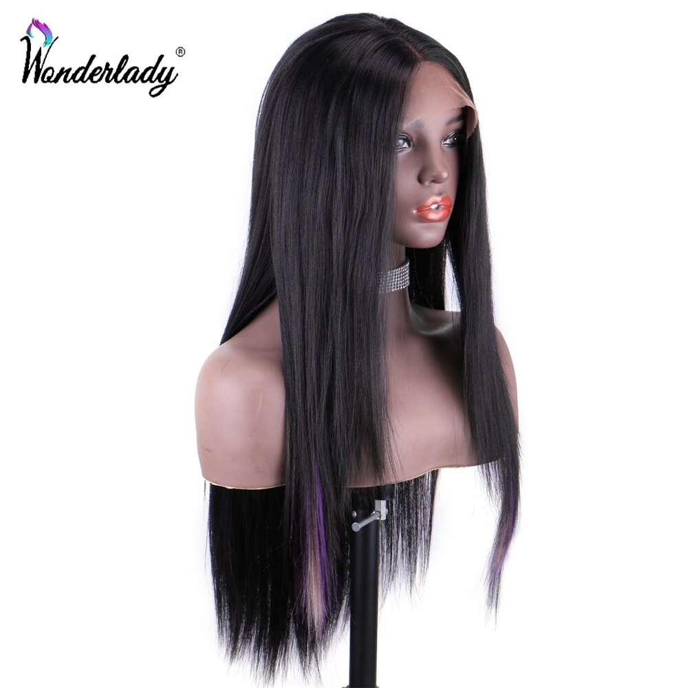 WonderLady-peluca larga sintética de encaje frontal para mujer, color negro, marrón, 26 pulgadas, Yaki, mechones de pelo azul y morado dentro de la peluca