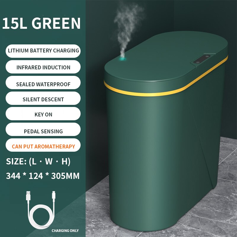 15L Aromatherapie Smart Prullenbak Automatische Inductie Smart Prullenbak Oplaadbare Keuken Badkamer Waterdicht Smalle Afvalbakken: Green Aromatherapy