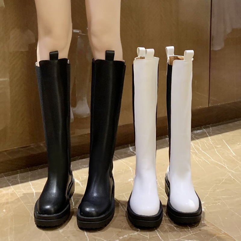 Rimocy Pu Leather Platform Knie Hoge Laarzen Vrouwen Zwart Chunky Lange Chelsea Laarzen Vrouw Slip Op Herfst Bota Feminina