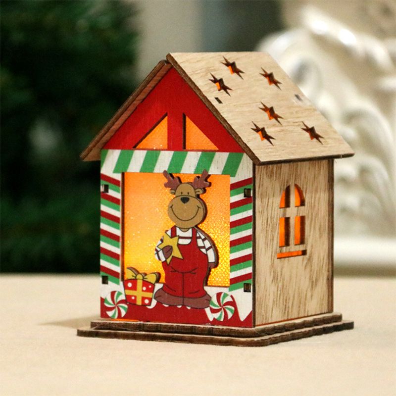 Casa de madera LED Chalet muñeco de nieve decoración de Navidad ciervo adorno de Papá Noel F