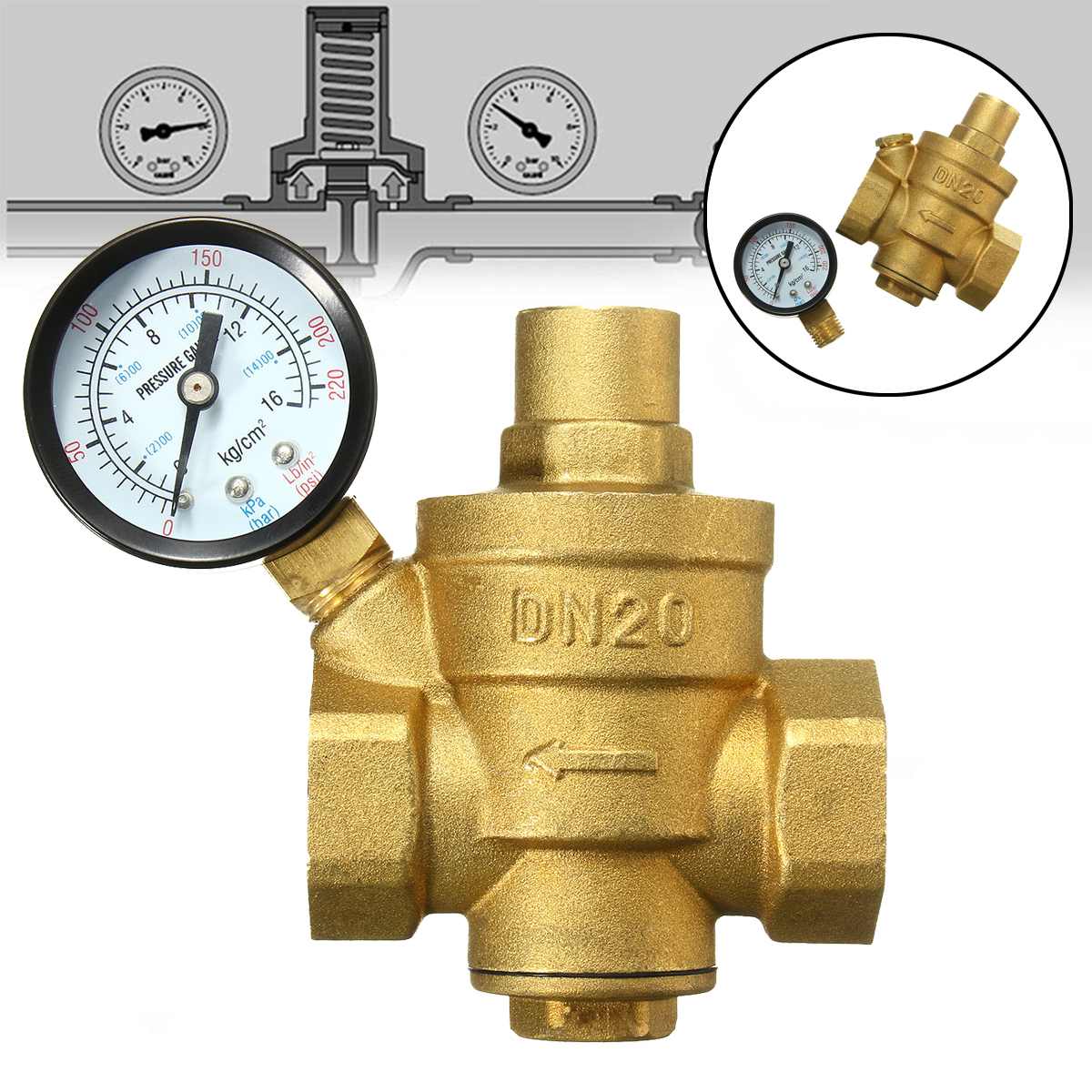 DN20 Brass Water Pressure Regulator Reducer PN16 3/4" Adjustable Valve Gauge Meter for Hydraulic Instability Water Purifier