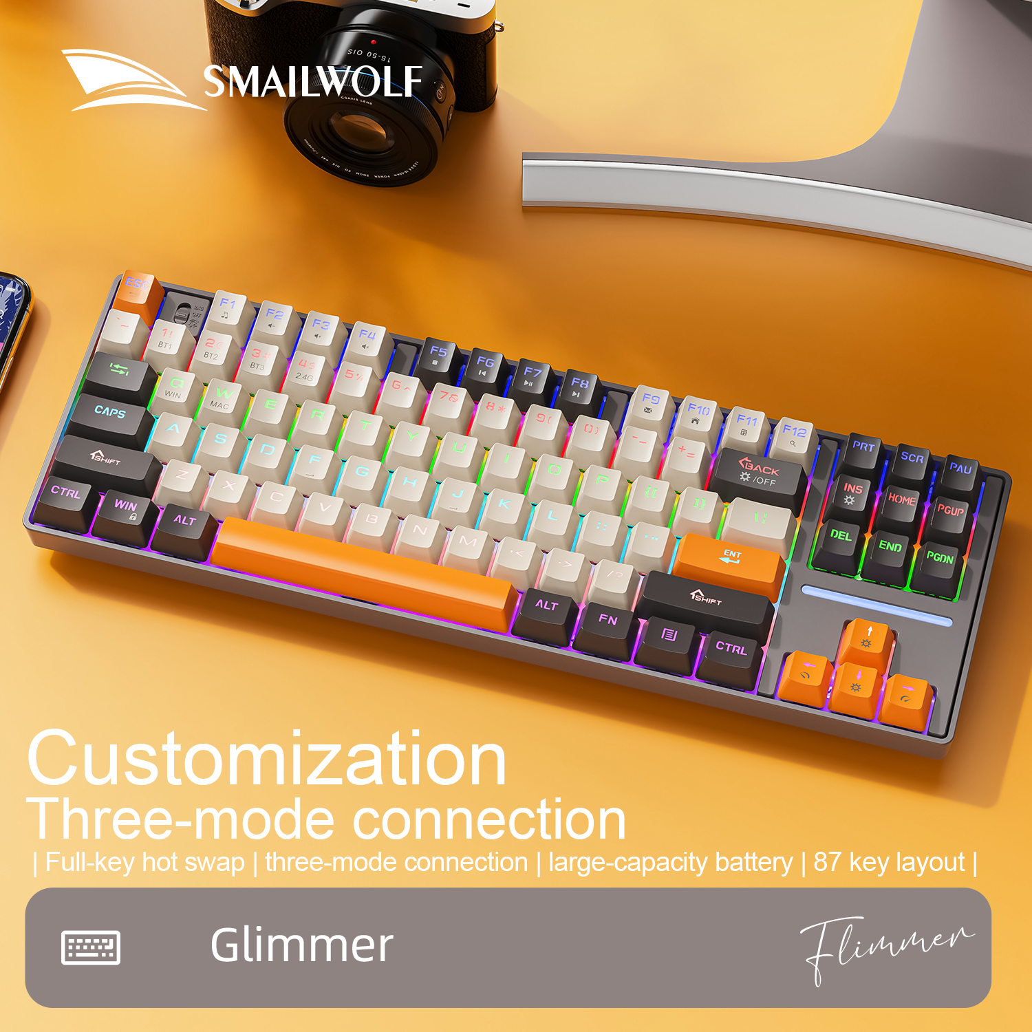 SMAILWOLF MK87 Mechanical Keyboard - 87 Keys - Bluetooth Wireless - Wrist Support - E-sports Gaming: BROWN / Red Switch
