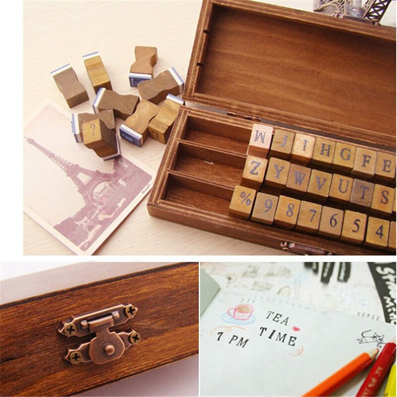 Set van 30 retro houten rubberen stempels met hoofdletters en kleine letters, ambachtelijke stempels voor scrapbooking