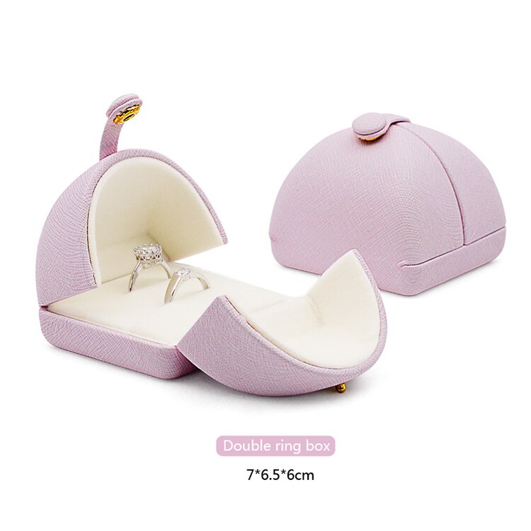 Pink Leather Snap Button Double-Sided Opening Jewelry Packaging Box Proposal Double Ring Box Pearl Necklace Collection Box: Double ring box
