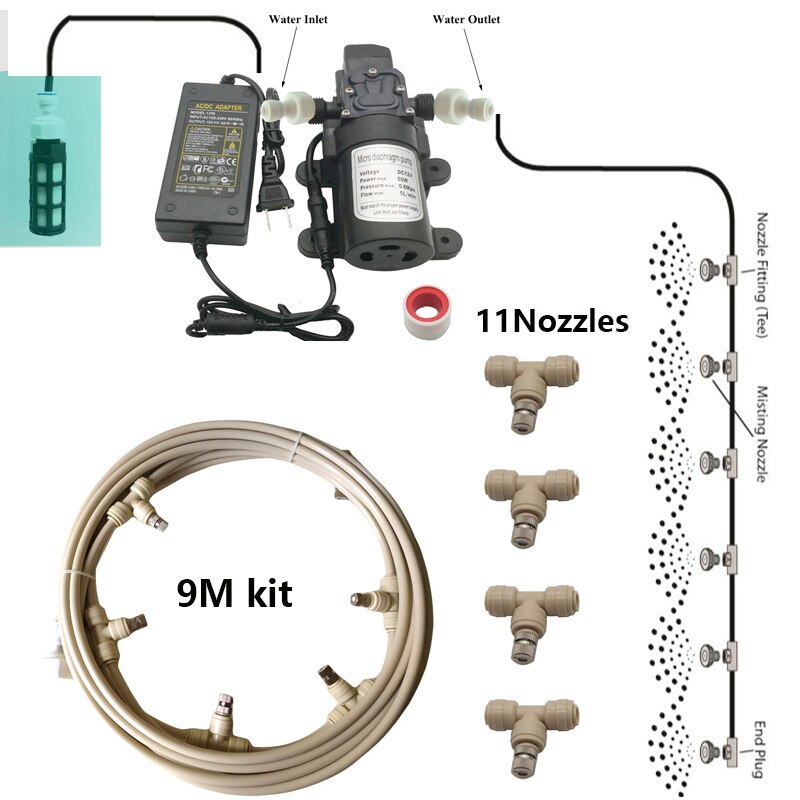 Havevandtåge spraydyse elektrisk pumpe sprøjtesystem forstøver til blomster plante drivhus havevanding 6m-18m: 9m beige sæt
