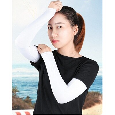 Mangas de brazo con protección solar Anti-UV, tela de seda de hielo para baloncesto, deportes al aire libre, calentadores de brazo para Fitness, Protector de mano, guantes largos, 1 ud.: Blanco / L