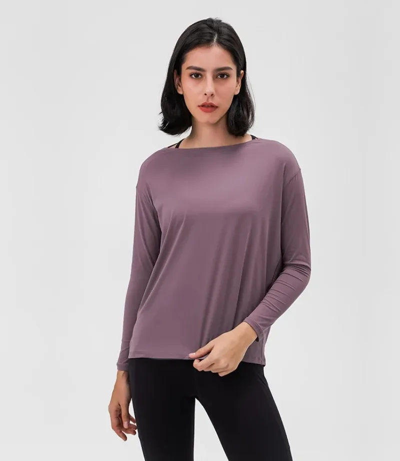 Løst yogatøj til kvinder til forår og efterår, nøgen og hudvenlig tynd fitnesssports-pendler-t-shirt med lange ærmer