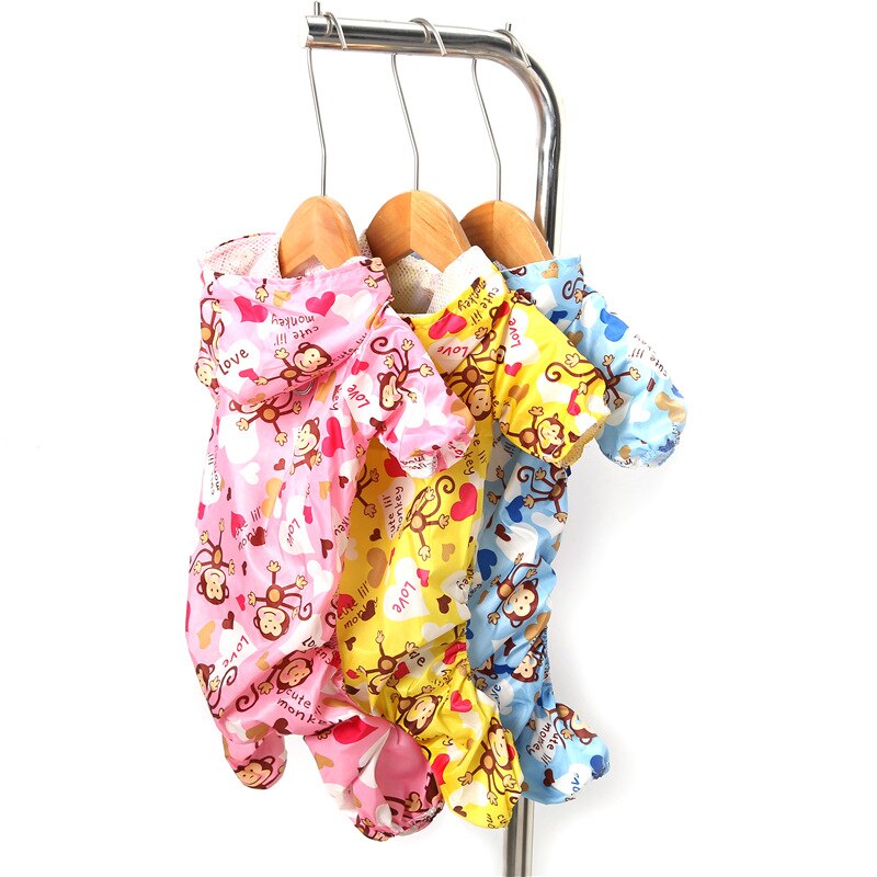 Monkey Printed Dog Raincoat for Small Dogs Waterproof Jumpsuit Puppy Pet Clothes Outdoor Outfits Cartoon Dog Cat Hooded Raincoat