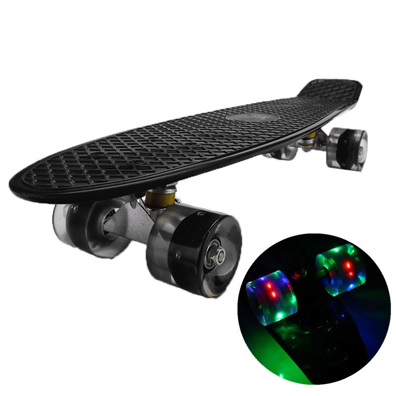 22 tuuman rullalauta vilkkuva valo mini cruiser rullalauta muovinen longboard banaani kalalauta katu ulkourheilu tytölle pojalle: Musta