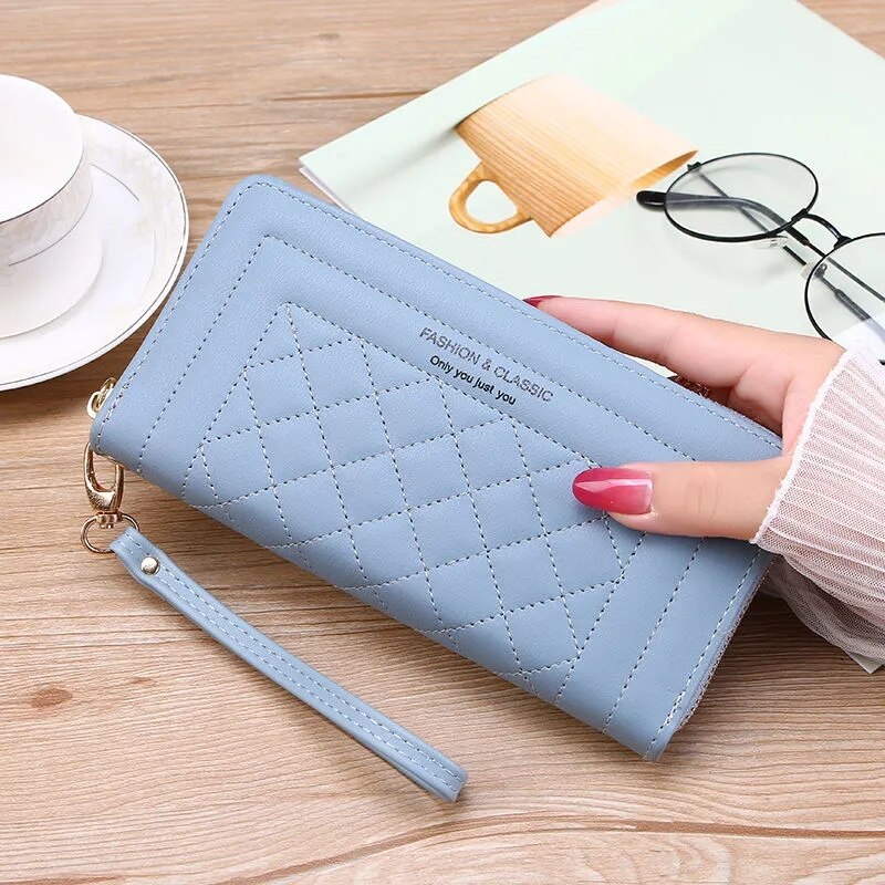 Podwójny długi portfel z zamkiem dla kobiet duża pojemność wysokiej jakości Pu skórzane portfele saszetka typu Clutch torebka Carteras Para Mujer: Single zipper blue