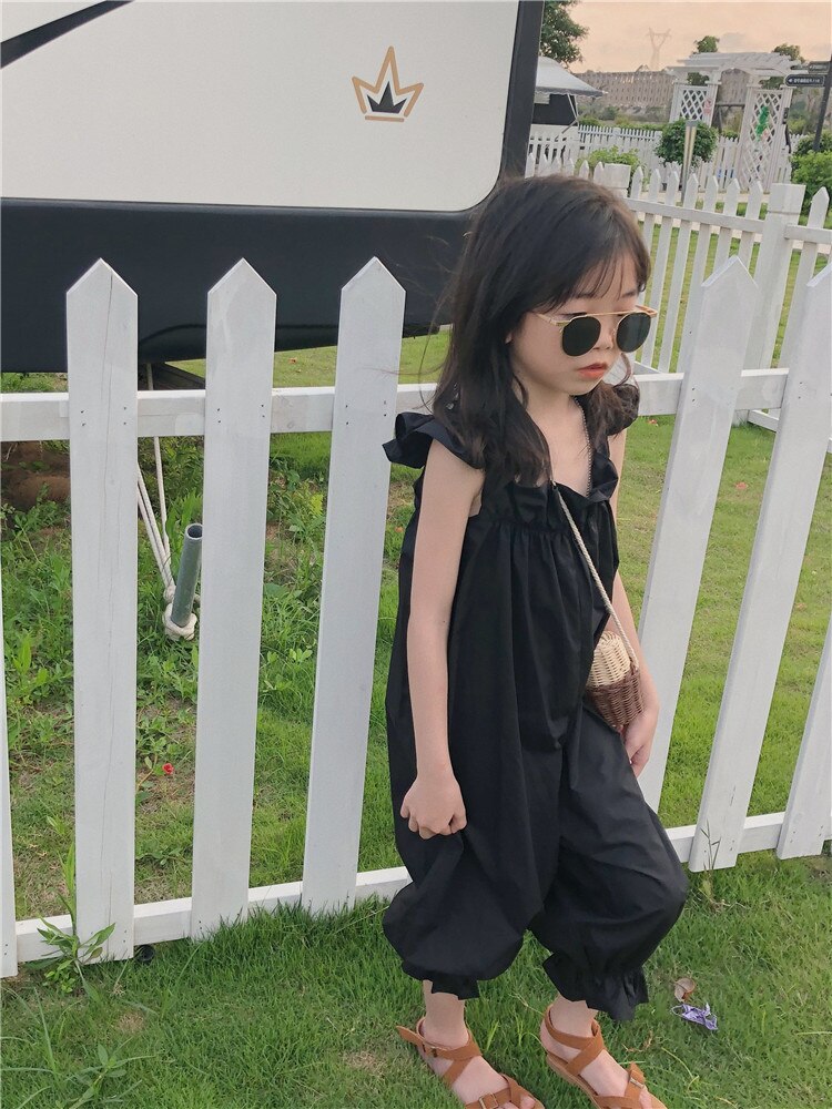 summer black overalls girls ruffles jumpsuits children sleeveless jumpsuits 2-10Y ws1688