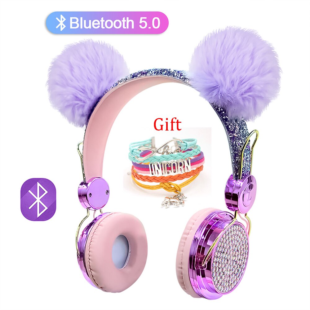 Bling fille enfant Bluetooth casque sans fil avec Microphone luxe paillettes mignon Hairball musique casque filaire téléphone casque: wireless