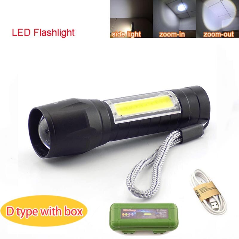 Mini potente linterna LED 2 COB Q5 USB recargable linterna trabajo flash luz linterna batería pesca linternas de camping: D with gift box
