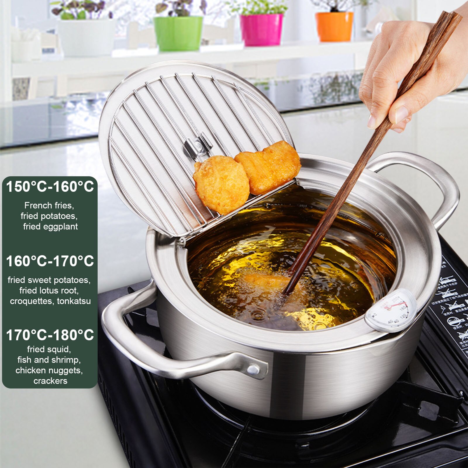 Japanse Frituren Pot Met Een Thermometer En Een Deksel 304 Roestvrij Staal Keuken Tempura Friteuse Pan 20 24 Cm keuken Gereedschap