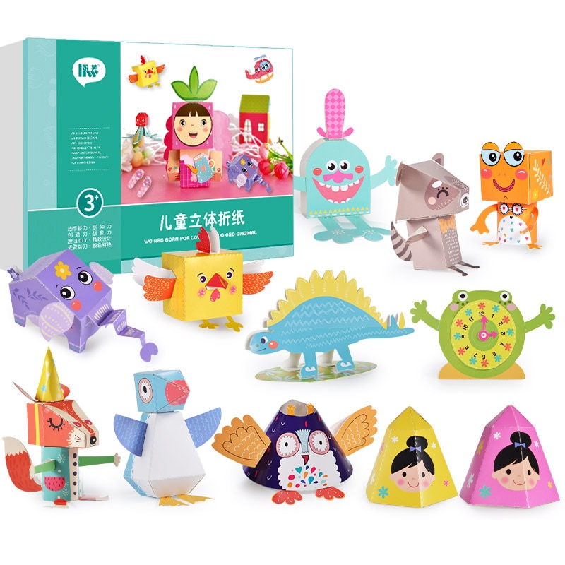 3 niveau børn farvet papir håndværk origami legetøj / børn tegneserie dyr flexagon papir foldning til kunst håndværk diy pædagogisk legetøj
