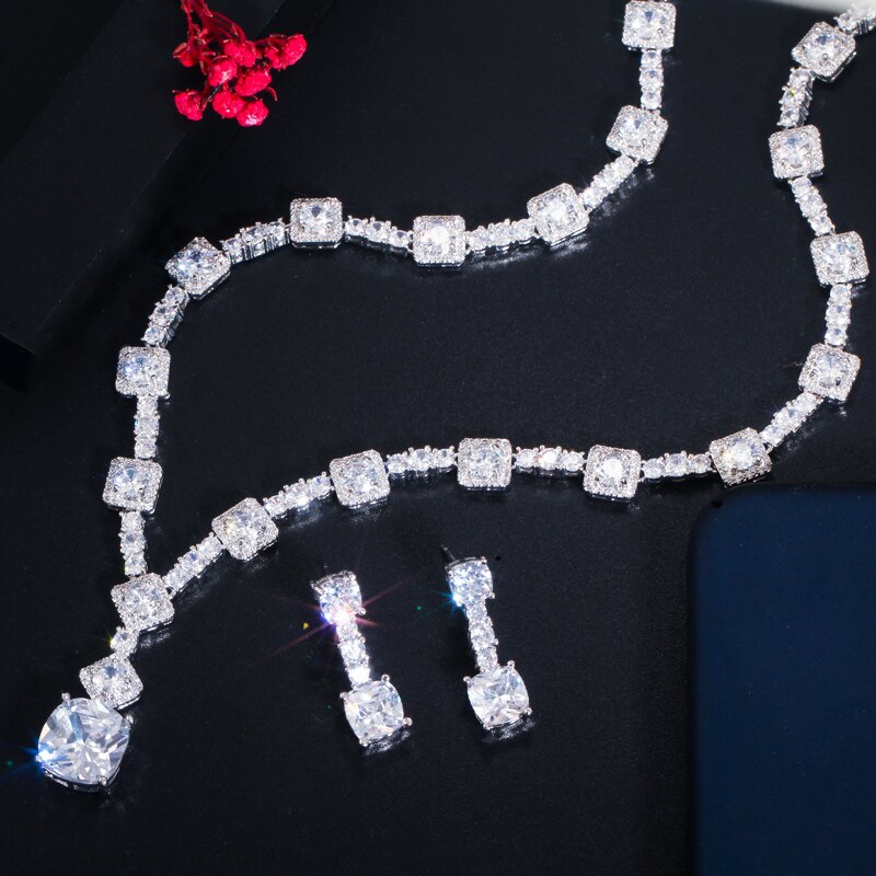 CWWZircons Chique Redondo e Quadrado Cut Red Cubic Zirconia Wedding Party Mulheres Jóias Elegante Conjunto Colar Brinco para Noivas T454