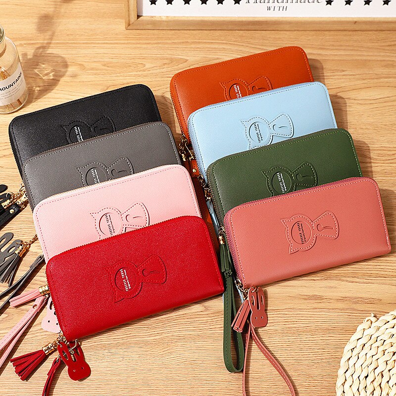 Women Wallet PU Leather Card Holder Coin Purses Zipper Long Female Wallet Cat Applique Cellphone Bag Lady