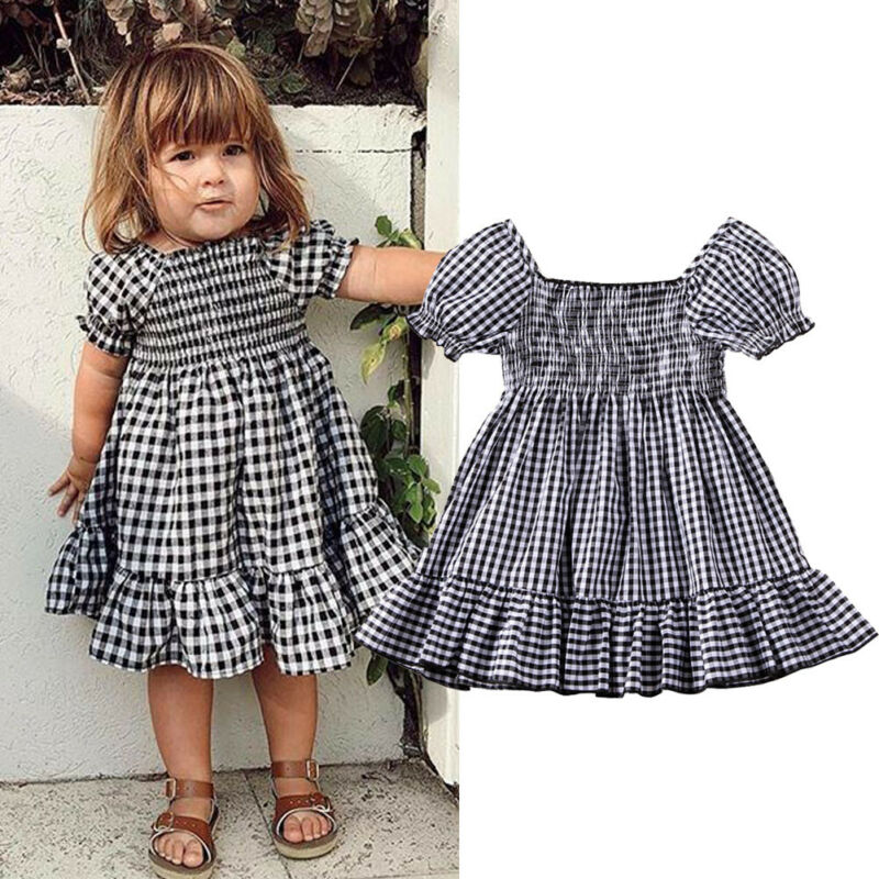 1-5T Toddler Kids Baby Girls Clotehs gingham Check Plaid Short Sleeve Summer Ruffle Dress cute sweet Lovely Outfit