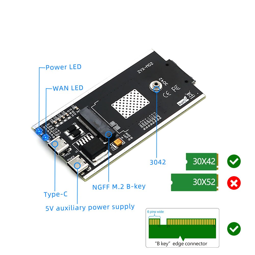 Adattatore Wifi M.2 NGFF adattatore Wifi da M.2 a USB cavo da USB 2.0 a tipo C Slot per scheda SIM alimentazione ausiliaria 5V per modulo WWAN/LTE/3G/4G