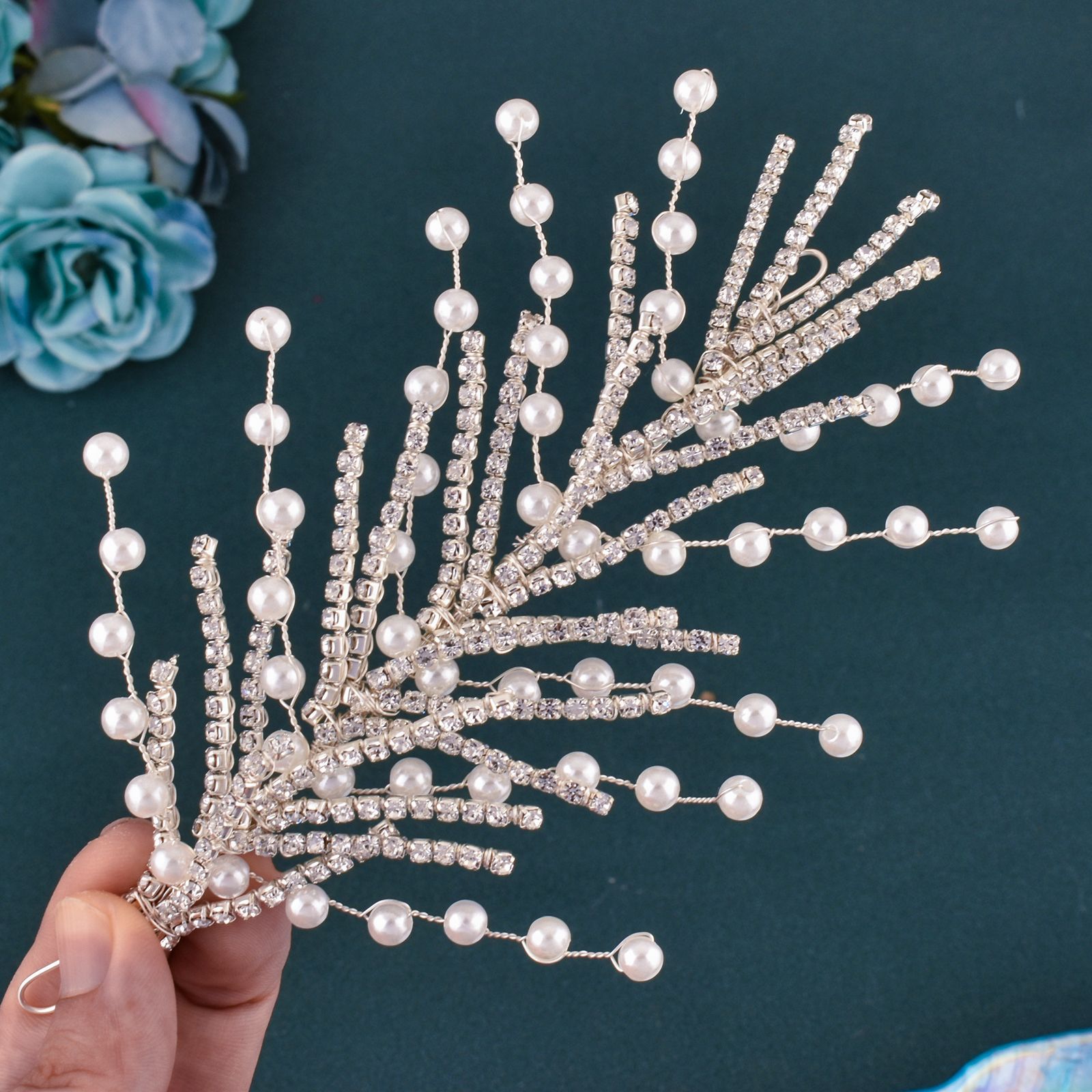 A422 pieza de pelo de novia de plata, diademas de boda brillantes, Tiaras hechas a mano, accesorios para el cabello de boda, joyería para la cabeza, tocado de novia: Rosa