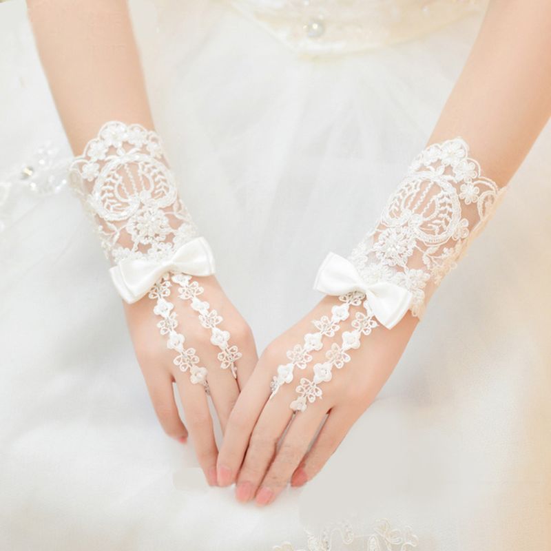 Guantes de boda cortos de encaje Floral bordado, lazo de satén con cuentas, para novia