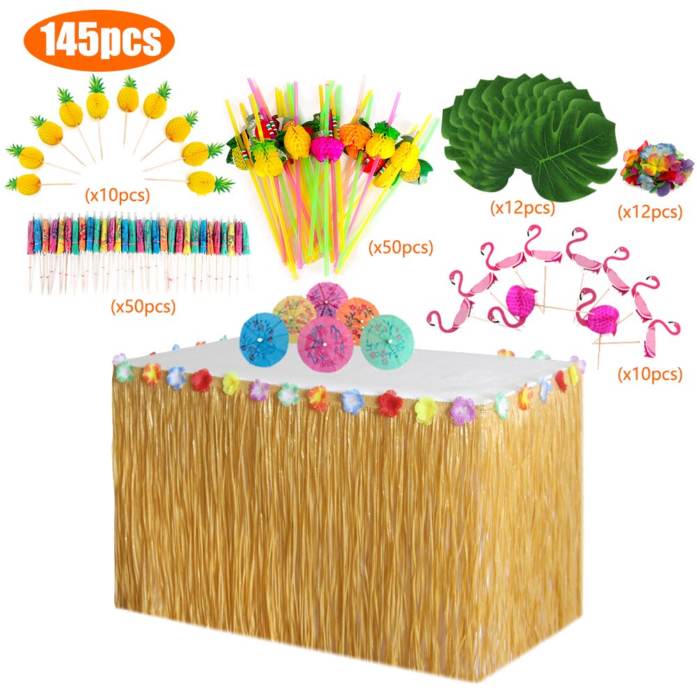 Hawaiian Tafel Rok Decoratie Set Honingraat Ananas Flamingo Kleine Paraplu Fruit Stro Combinatie Hula Festival Party Deco: 145pcs