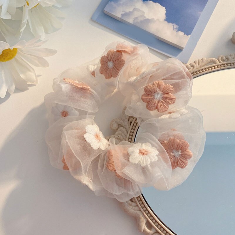 Coleteros de malla Organza con flores bordadas, lazos para el cabello, banda de goma romántica, coleta transparente, accesorios para el cabello: Rosa