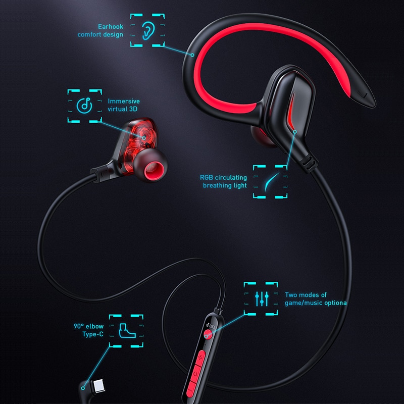 Baseus gamo  c18 typ c spelhörlurar med rgb light öronkrok trådbundna in-ear bas stereo hörlurar för  ps4 pc datorspelare