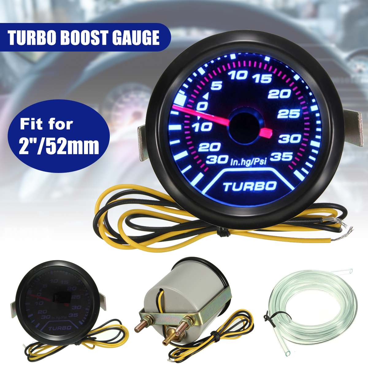 Universal 52mm 2" Car Gauge Pressure Turbo Boost Gauges Meter In. HG PSI Smoke Dial Face White Digital LED Light