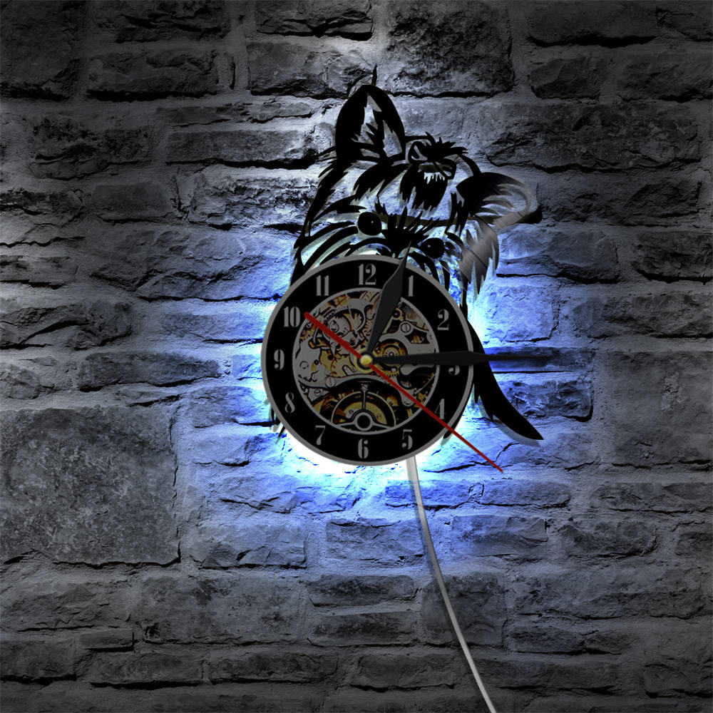 Yorkie Portrait Artist Dog Wall Clock Pet Shop Wall Art Vinyl Record Clock with LED Night Light Yorkshire Terrier Dog Breed