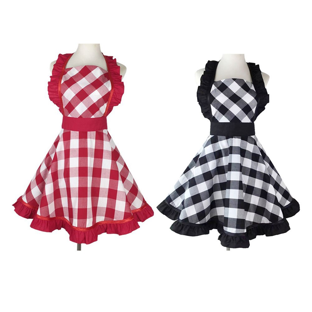 retro fartuchy dla kobiet, klasyczna falbaną na boku pled fartuch kuchenny robić domowego przedszkola kuchennego