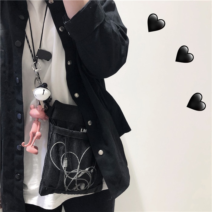Harajuku Style Women Shoulder Bag Black Grid Small Messenger Bags for Girls Trendy Students Nylon Small Crossbody Bag
