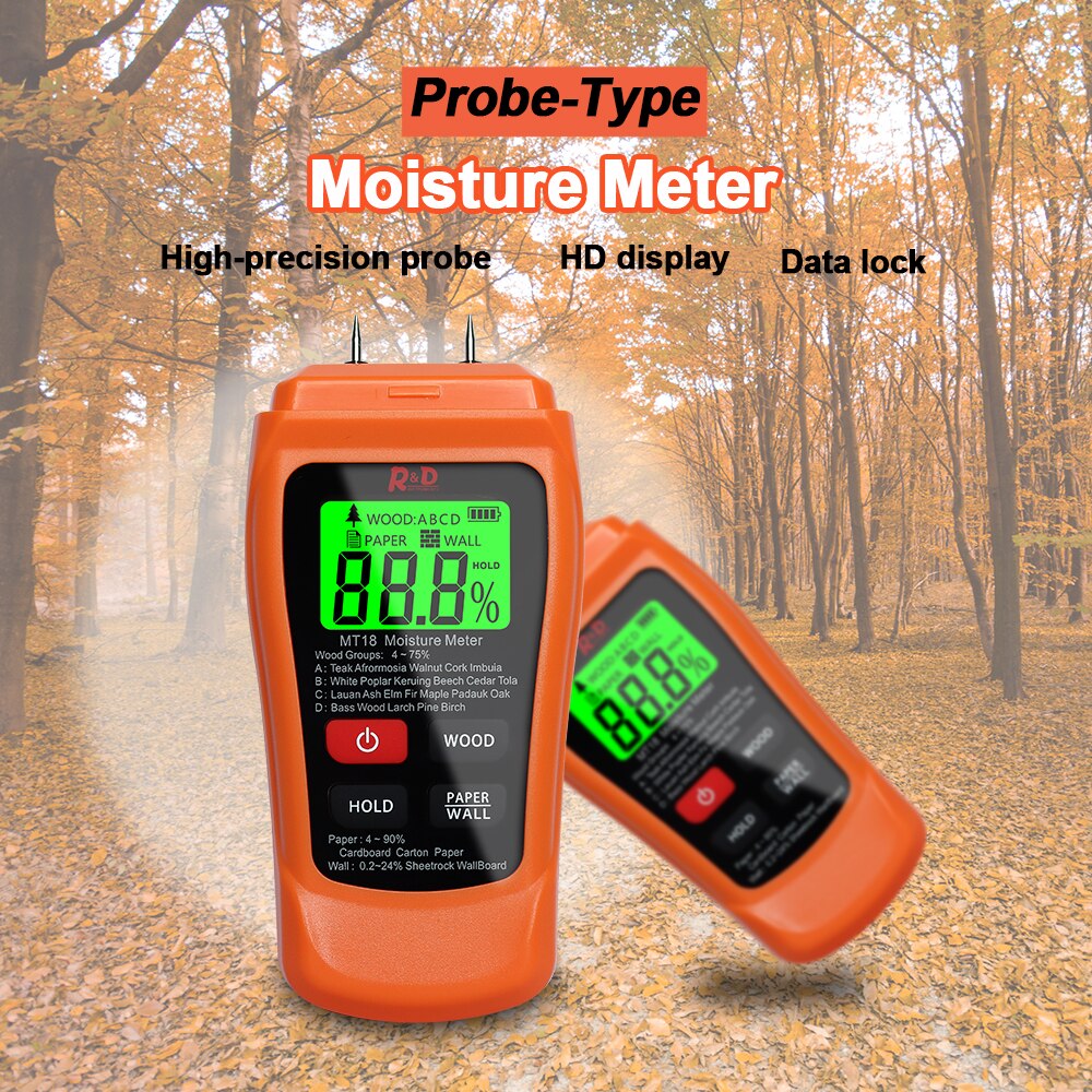 Medidor Digital de humedad de madera, higrómetro de pared, Detector de humedad de madera, 2 pines, naranja, MT-18, 0-99.9%