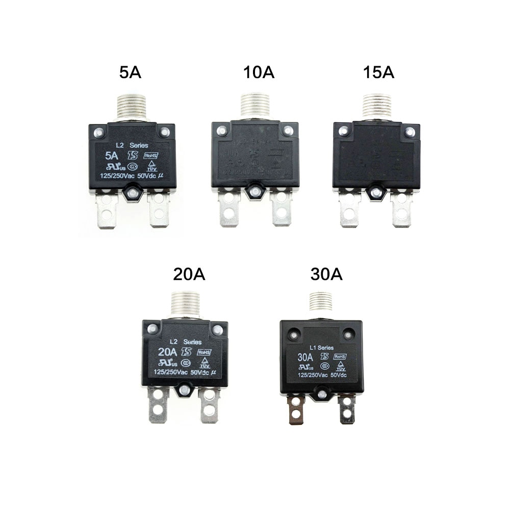 Iztoss Circuit Breakers Waterproof Push Button Resettable Thermal Fuse DC50V AC125-250V with Quick Connect Terminals