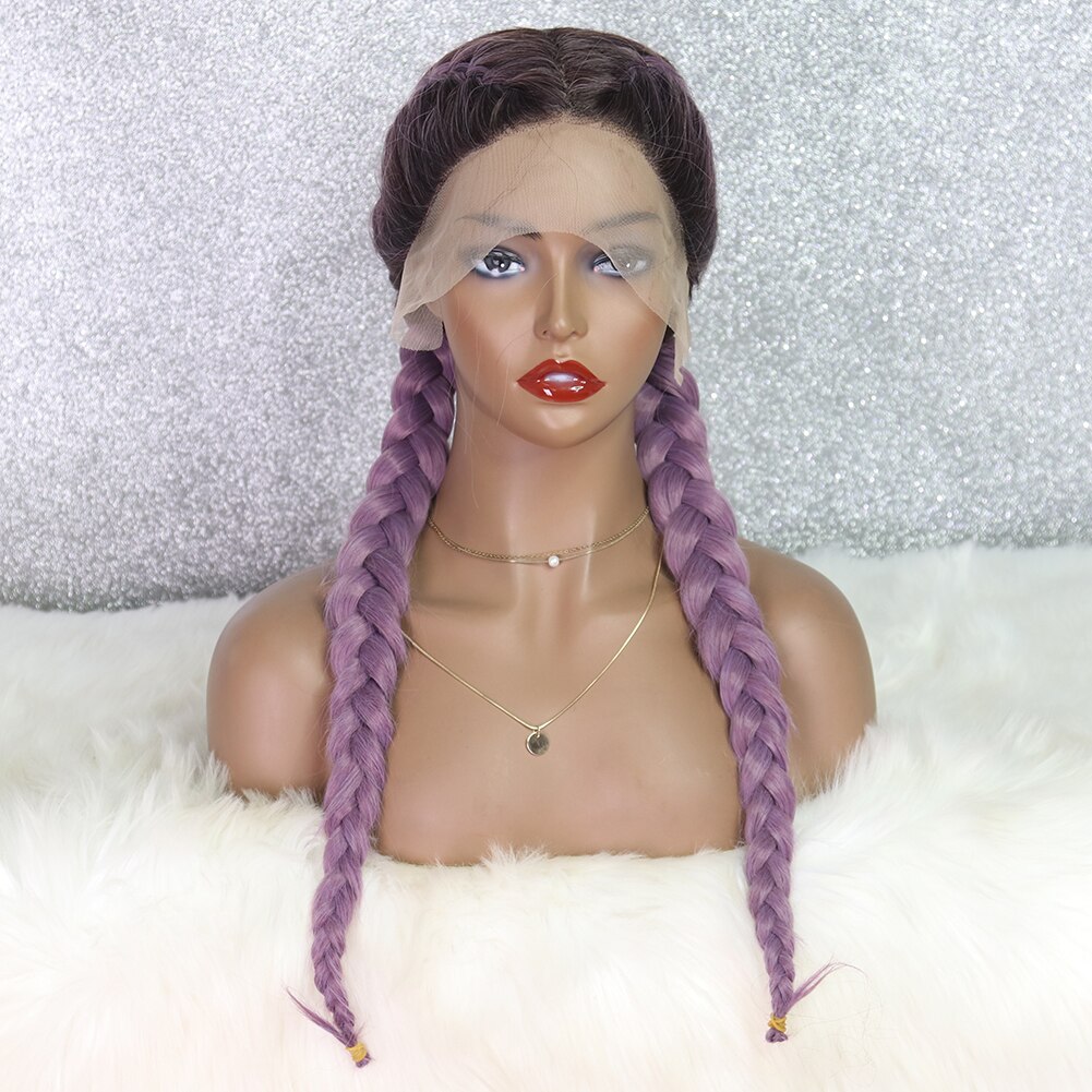 Ombre Purple Wig With Brown Roots Synthetic Lace Front Wig Heat Resistant Drag Queen Two Braided Wigs For Black Women EEWIGS: 26inches